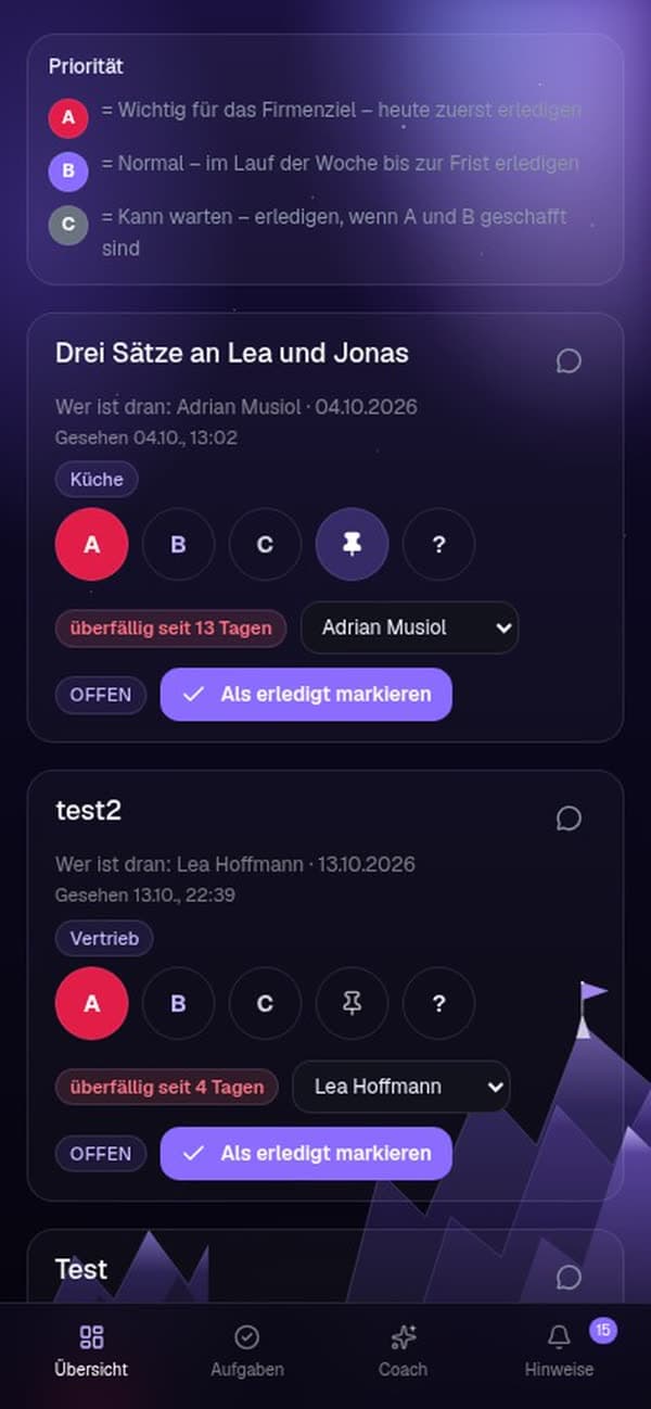 Aufgabenliste mit Priorität A, B und C, Anpinnen und Filtern nach Status und Person.